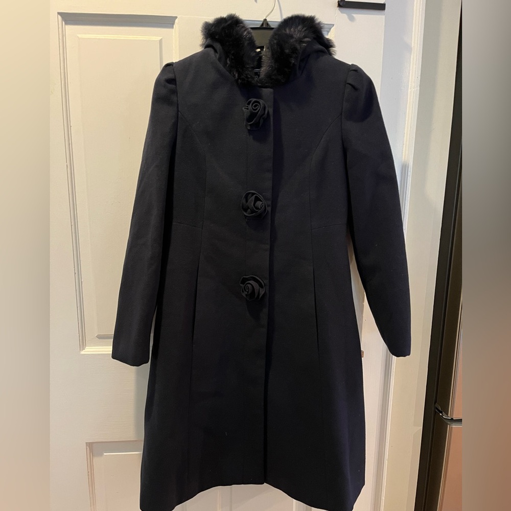 Rothschild navy dress jacket with faux fur trimmed hood